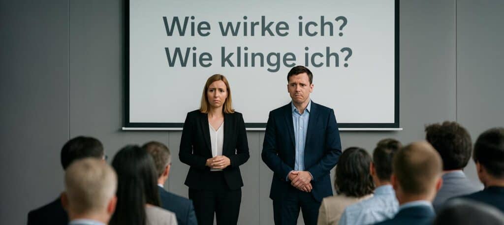 Mann und Frau mit Präsentationsangst fragen sich wie wirke ich wie klinge ich