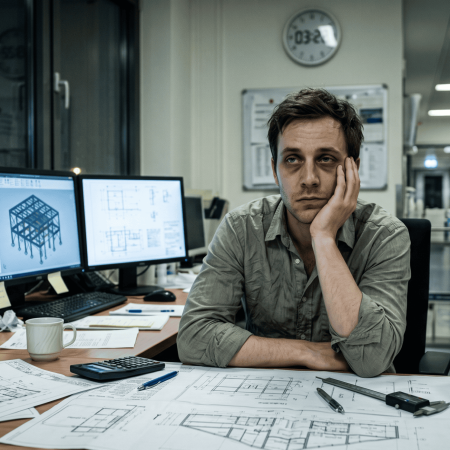 Erschöpfter Mann am Arbeitsplatz im technischen Büro als Symbol für chronischen Stress, Überlastung und Burnout-Symptome.