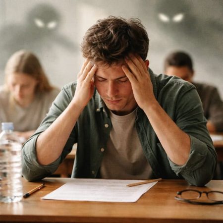 Mann mit Prüfungsangst beim Lernen Wien